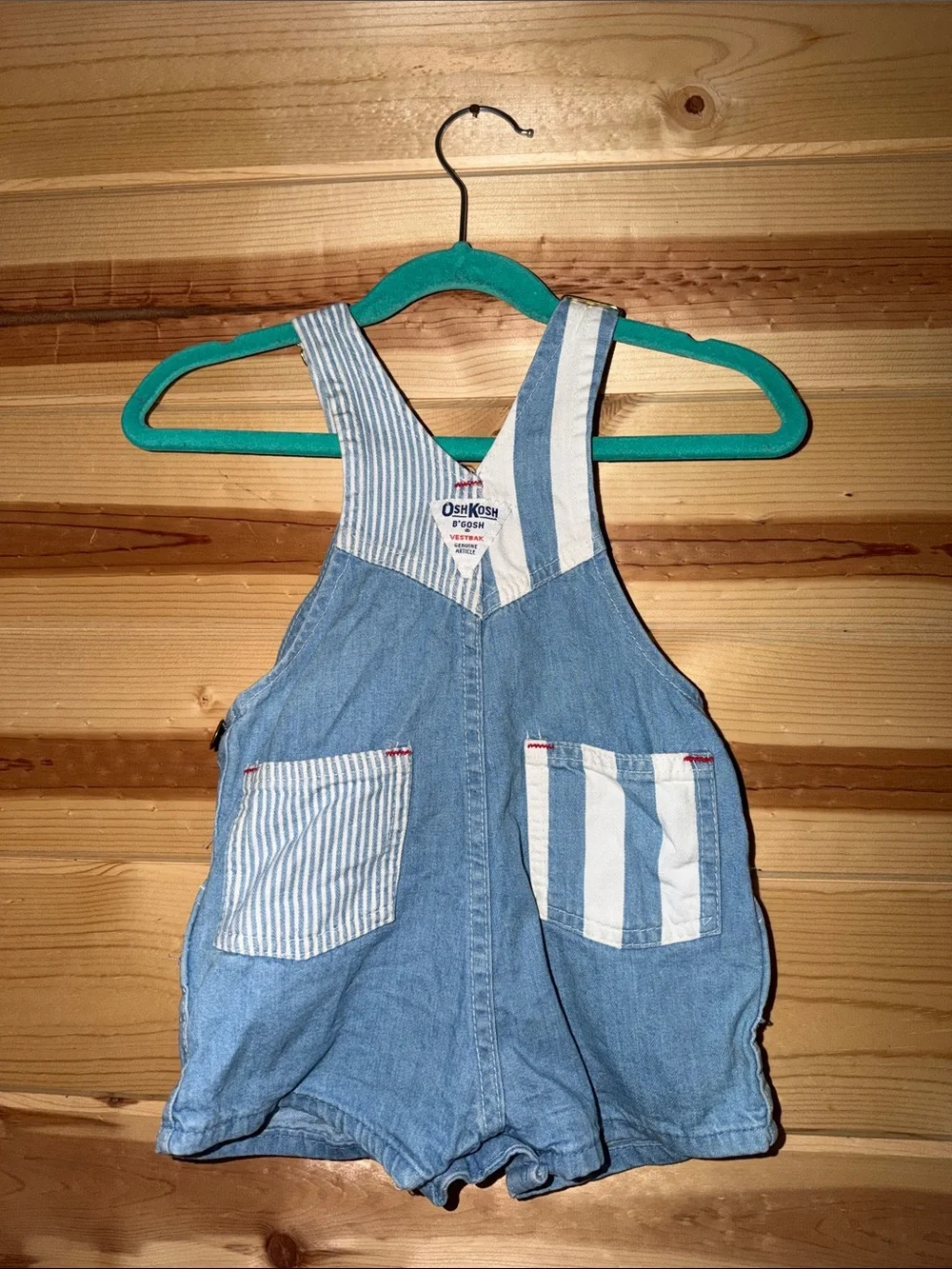 Vintage OshKosh B'gosh Light Blue Denim Shortalls with Striped Strap Details